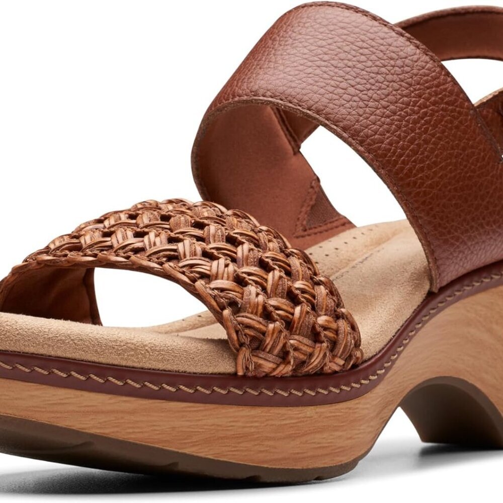 Womens Leather Sandals Tan Size 8 Faux Wood Heel Non-Skid Comfort Footbed